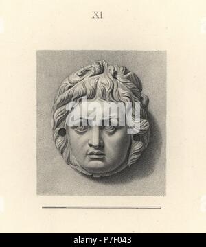 La tête de la Gorgone Méduse, avec serpent dans ses cheveux. La gravure sur cuivre par Francesco Bartolozzi à partir de 108 plaques de pierres antiques, 1860. Les pierres étaient de la collection du duc de Marlborough. Banque D'Images