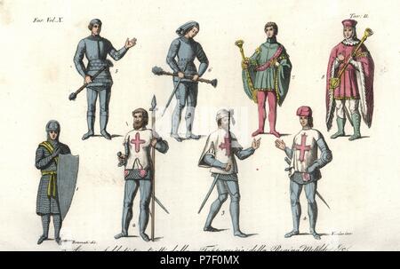 Les soldats et les armes de la Tapisserie de Bayeux. Les hommes en armure de plaque et maille armés de mace, lance, épée et bouclier. La gravure sur cuivre coloriée par Verico après Giuseppe Bramati de Giulio Ferrario's costumes anciens et modernes de tous les peuples du monde, Florence, Italie, 1844. Banque D'Images