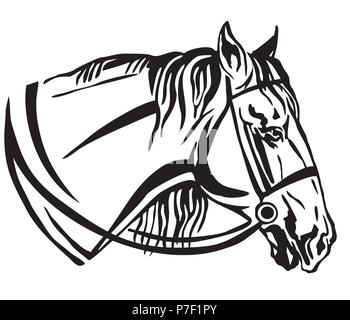 Portrait de profil décoratif en cheval avec mors, vector illustration isolé en couleur noir sur fond blanc. Droit pour la conception et de tatouage. Illustration de Vecteur