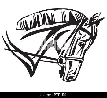 Portrait de profil décoratif en cheval avec mors, vector illustration isolé en couleur noir sur fond blanc. Droit pour la conception et de tatouage. Illustration de Vecteur