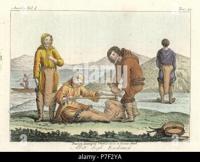 Costumes des Inuit (Esquimau) portant des vêtements en peau de phoque avec les capots et de longues bottes. La gravure sur cuivre coloriée par Francesco Lavagnoli Veronese de Giulio Ferrario's costumes anciens et modernes de tous les peuples du monde, Florence, Italie, 1837. Banque D'Images