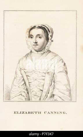 Elizabeth Canning, transportés pour parjure. Elle a affirmé qu'elle avait été enlevés, victimes de ses séjours et retenu prisonnier dans une maison de prostitution par Mary Squires et mère de puits. La gravure sur cuivre de Jean Caulfield's Portraits, mémoires et caractères de personnes remarquables, jeune, Londres, 1819. Banque D'Images