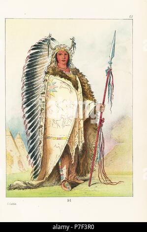Chef Sioux ee-ah-sa-PA, Black Rock de la Nee-caw-wee-gee, dans la bande blanche avec des cornes, coiffure robe peinte, les mocassins et les lance. Lithographie coloriée de George Catlin's Manners, les douanes et l'état des Indiens d'Amérique du Nord, Londres, 1841. Banque D'Images