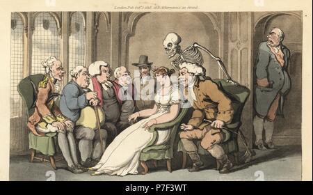 Le squelette de la mort se joint à un groupe de prétendants pour juste héritière Belinda, et va à l'encontre de l'avocat, médecin, Parson, Quaker, le colonel et baronnet pour le prix. Dessiné et gravé sur cuivre coloriée par Thomas ROWLANDSON à partir de la danse de mort, Ackermann, Londres, 1816. Banque D'Images