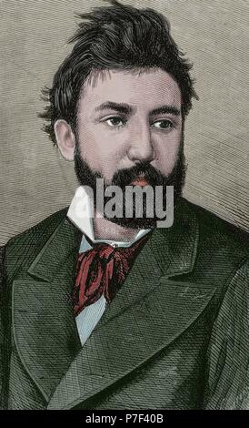 Tomas Padro Peret (1840-1877). L'artiste espagnol. Portrait. Gravure de A. Carretero, 1877. De couleur. Banque D'Images