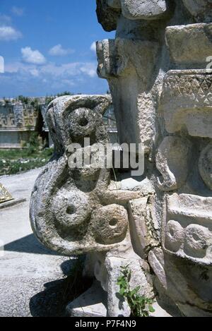 Mayas. La ville d'Uxmal. Période classique. Grande Pyramide. Les masques de Chaac. Détail. Yucatan. Le Mexique. Banque D'Images