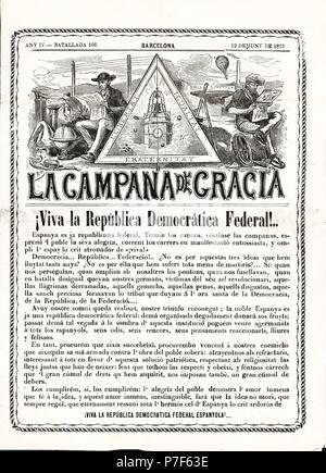 Portada del Semanario 'La Campana de Gracia', editado en Barcelona 12 junio 1873 celebrando la proclamación de la primera república española. Banque D'Images
