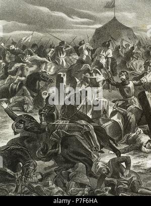 L'Espagne. Bataille de Las Navas de Tolosa (1212) dans lequel Alfonso VIII de Castille a défait l'armée Almohade du Calife al-Nasir Muhammed. La gravure. Banque D'Images