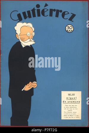 Portada de la revista satírica Gutiérrez. Caricatura de Miguel de Unamuno Jugo (1864-1936), escritor y filósofo español. Año 1934. Dibujo de K-Hito. Banque D'Images