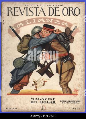 Portada de la Revista de Oro. Saludo efusivo entre un soldado francés y un soldado español un alusivo la alianza entre ambos países sobre asuntos norteafricanos. Editada en Barcelone, mai 1926. Banque D'Images