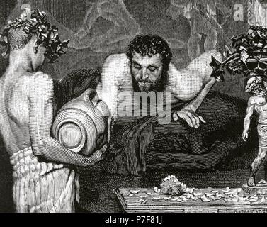 La Rome antique. Jeune esclave servant un patricien qui est allongé sur un triclinium pendant un banquet. La gravure à 'La Ilustracion Espanola y Americana' (1887). Banque D'Images