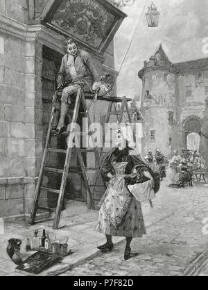 Peintre de l'affiche sur l'échelle. Gravure,1848. Banque D'Images