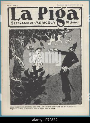 Portada del Semanario satírico La Piga, Número 1, editada en Barcelona, septiembre de 1913. La serpiente trata de seducir a Adán en el Paraíso con un higo chumbo. Banque D'Images