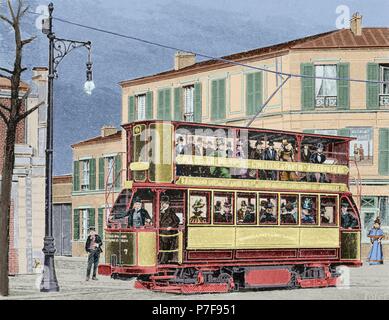 Le tramway électrique. Gravure, 19ème siècle. De couleur. Banque D'Images