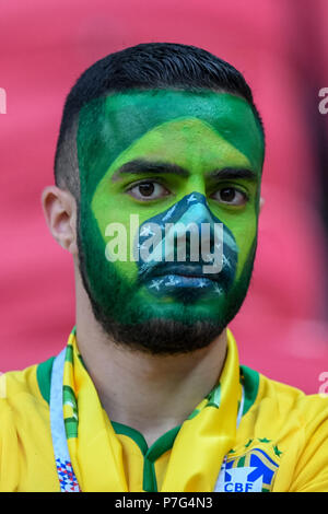 Arène de Kazan, Kazan, Russie. 6 juillet, 2018. FIFA Coupe du Monde de Football, quart de finale, le Brésil et la Belgique ; ventilateur brésilien dans la peinture pour le visage : Action Crédit Plus Sport/Alamy Live News Banque D'Images