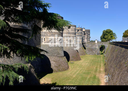 Des tours et des douves du château d'Angers et le jardin dans le Maine-et-Loire, région Pays de la Loire, dans l'ouest de la France à environ 300 km (190 mi) Banque D'Images