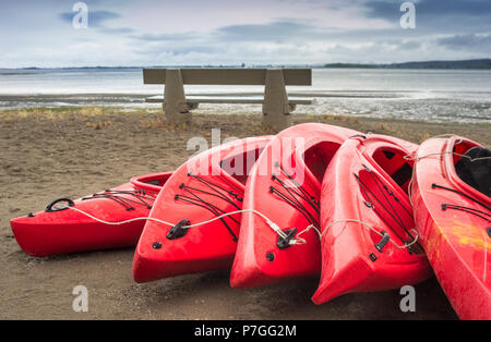 Plastique rouge vide à louer des kayaks récréatifs ou de voitures, stockés sur une plage de sable un jour de pluie. La plage Crescent, Surrey, Colombie-Britannique, Canada. Banque D'Images