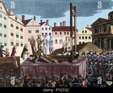 Révolution française (1789-1799). Exécution de neuf jeunes immigrants condamnés à mort par un tribunal révolutionnaire en 1792. La gravure. De couleur. Banque D'Images