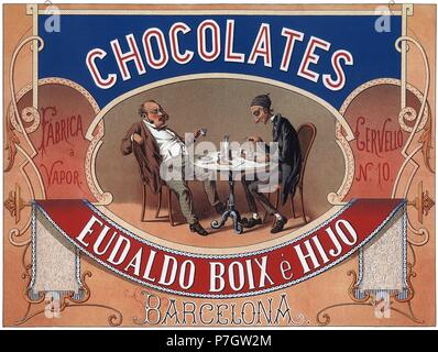 Publicidad. Chocolats Eudaldo Boix e Hijo, de Barcelona ; dos hombres desayunando chocolate a la taza. Años 1940. Banque D'Images