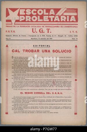 Portada de la revista Escola Proletaria, organe de la Federación Catalana de trabajadores de la enseñanza, del sindicato UGT. Barcelone, septiembre de 1937. Banque D'Images
