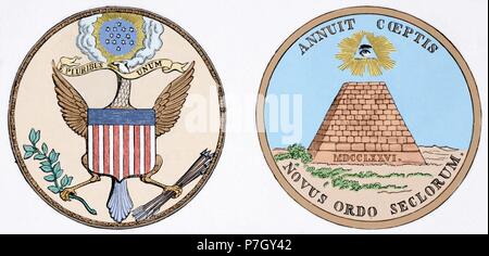 Guerre d'Indépendance américaine (1775-1783). Le Grand Sceau des États-Unis, utilisé pour authentifier les documents publiés par le gouvernement fédéral des États-Unis. Il a été utilisé pour la première fois publiquement en 1782. La gravure. 19e siècle. De couleur. Banque D'Images