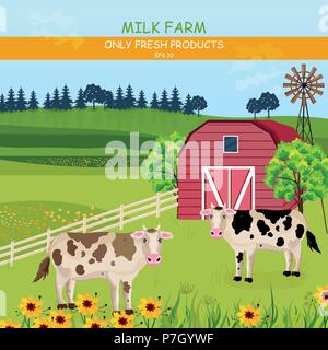 Vaches dans la ferme vecteur. Champs verts été dehors background Illustration de Vecteur