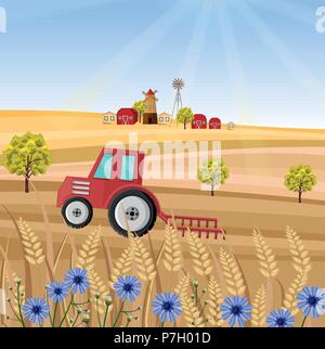 Le tracteur à la ferme Vector illustration. Champ de blé". Arrière-plan de récolte Provence Illustration de Vecteur