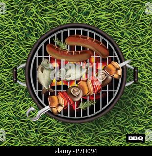 Barbecue pique-nique Vector réaliste. L'herbe verte pelouse arrière-plan. Saucisses et poissons cuits sur le gril illustration Illustration de Vecteur