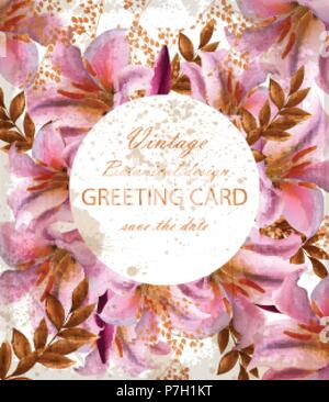 Carte de souhaits avec de belles fleurs roses. Golden abstract frames carte élégante Illustration de Vecteur