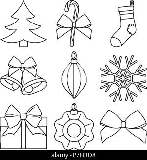 Les dessins au trait noir et blanc de noël jeu de 9 éléments Illustration de Vecteur