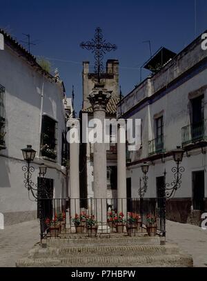 BARRIO DE SANTA CRUZ - Plaza de Las Tres Cruces. Lieu : extérieur, Sevilla, Séville, ESPAGNE. Banque D'Images