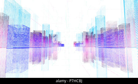 Résumé L'hologramme numérique 3D illustration de ville futuriste avec matrix. Bâtiments numérique avec un code binaire réseau de particules. Technologie concept Banque D'Images