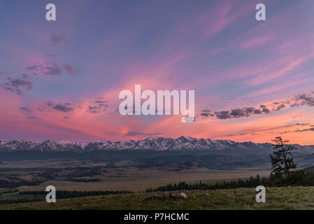 Beau coucher de soleil rose sur les montagnes couvertes de neige, la vallée et la forêt sur les pentes de la montagne Banque D'Images