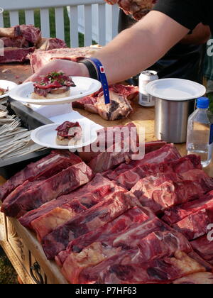 Un homme sert de petites plaques d'aliments faits à partir de coupes de bœuf au goût de la London Food Festival, Regents Park, Londres, Angleterre. Banque D'Images