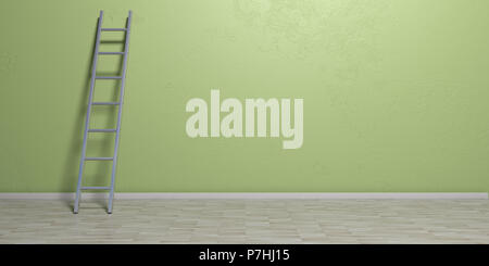 Échelle en métal appuyé contre un mur peint en vert, l'espace de copie. 3d illustration Banque D'Images