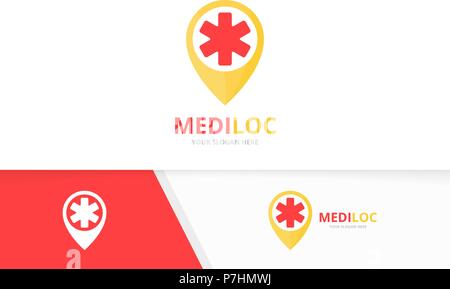 Ambulance vecteur et pointeur de carte combinaison logo. Medic et gps locator Symbole ou icône. D'urgence unique et modèle de conception de logo de l'axe. Illustration de Vecteur