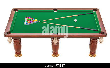 Table de billard avec des boules et cue, rendu 3D isolé sur fond blanc Banque D'Images