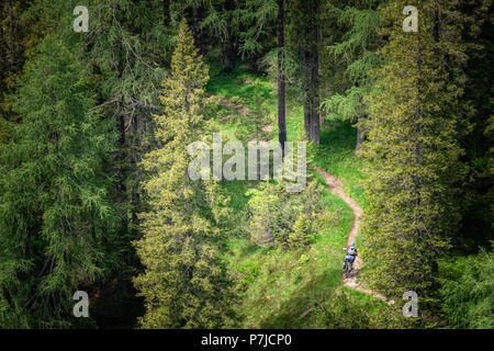 Femme vtt, parc national de Fanes-Sennes-Braies, Dolomites, Trentino, Tyrol du Sud, Italie Banque D'Images