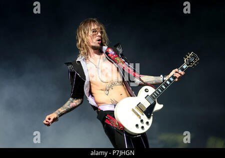 Justin Hawkins de l'Obscurité joue sur la scène principale pour le Festival TRNSMT sur Glasgow Green à Glasgow. Banque D'Images