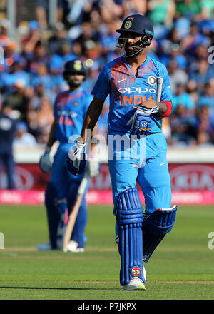 L'Inde a KL Rahul réagit après il est joué par l'Angleterre au cours de l'épanouissement de Liam Plunkett C20 Match à l'ETI, SWALEC Cardiff. Banque D'Images