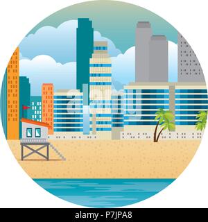 Cityscape bâtiments avec palmiers et lifeguard scène stand Illustration de Vecteur