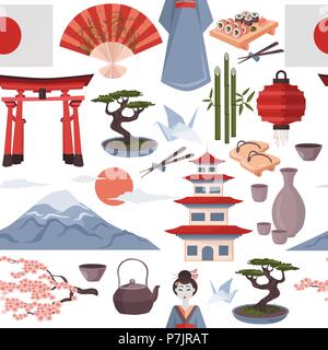 Symboles japonais modèle homogène. Vector iluustration sur fond blanc. Les icônes colorées du Japon culture sol carrelé en toile de fond. Geisha, Fujiyama, Torii e Illustration de Vecteur