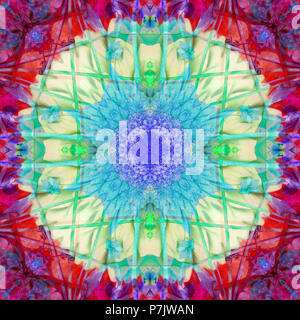 Mandala fleur photographique, bleu, turquoise, jaune, rouge, rose, Banque D'Images