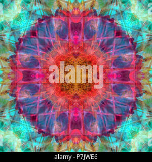 Mandala fleur photographique, rouge, rose, turquoise, essence, Banque D'Images