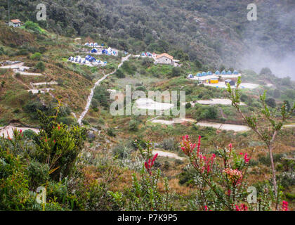 Camp randonneurs au cœur de la Cordillère des Andes, sur la piste de l'Inca à Machu Picchu ville perdue au Pérou, Amérique du Sud. Pas de personnes. Banque D'Images