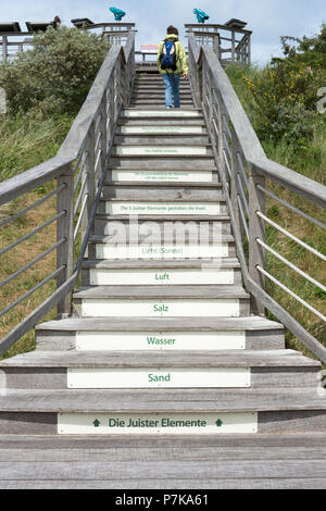 Allemagne, Basse-Saxe, Frise Orientale, Juist, l'Otto Leege Trail est un sentier de nature artistique / écologique sur l'île de la Frise orientale de Juist, escalier en bois à l'entrée du sentier nature. Banque D'Images