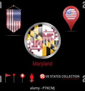 Rond chromé avec badge vecteur Maryland US Drapeau d'Etat. Drapeau fanion de USA. Pointeur de carte - USA. Icônes de navigation du plan Illustration de Vecteur