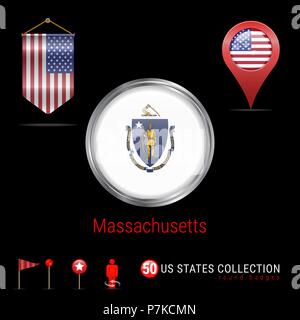 Vecteur rond chromé avec badge Massachusetts Drapeau d'État des États-Unis. Drapeau fanion de USA. Pointeur de carte - USA. Icônes de navigation du plan Illustration de Vecteur