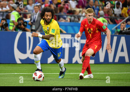 Kazan, Russie. 6e juillet 2018. MARCELO (BRA), action, les duels contre Kevin DE BRUYNE (BEL)., Brésil (BRA) - Belgique (BEL) 1-2, quarts, tour de jeu, huit sur 58 06.07.2018 à Kazan, Kazan Arena. Coupe du Monde de Football 2018 en Russie à partir de la 14.06. - 15.07.2018. | conditions dans le monde entier : dpa Crédit photo alliance/Alamy Live News Banque D'Images