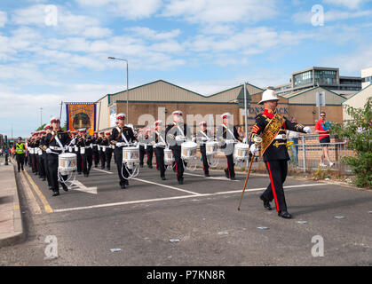 Glasgow, Ecosse, Royaume-Uni. 7 juillet, 2018. Marching Band membres prenant part à l'assemblée annuelle à pied Orange dans les rues de la ville pour marquer la victoire du Prince Guillaume d'Orange sur le roi Jacques II à la bataille de la Boyne en 1690. Credit : Skully/Alamy Live News Banque D'Images